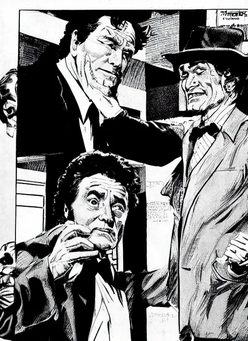 Image similar to Columbo and E. G. Marshall as Upson Pratt, comic book panels, artwork by Bernie Wrightson, detailed