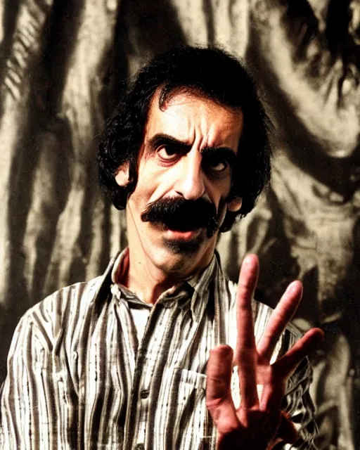 Prompt: Frank Zappa flipping the bird