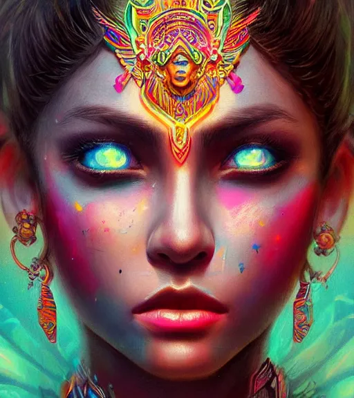 Image similar to beautiful intricate exquisite mayan princess realistic face, full body beautiful eyes, neon colors, drawing, in the style of greg rutkowski, fantasy, amazing detail, epic, intricate, elegant, smooth, sharp focus