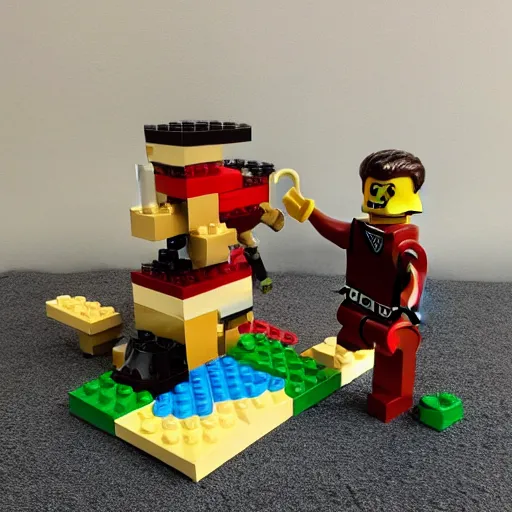 Image similar to lego set of a monkey going crazy on a old man and ripping his legs off