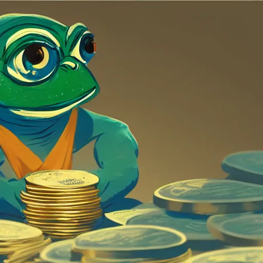 Image similar to super rich happy pepe, luxury, treasury, coins, money, hyper detalied, blue crystals, greg rutkowski, artstation