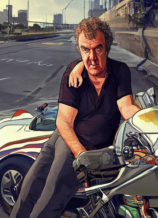 Image similar to jeremy clarkson in gta v, cover art by stephen bliss, artstation