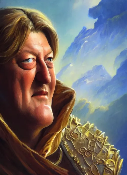 Image similar to Stephen Fry, by Ivan Aivakovsky, by Boris Vallejo, epic fantasy character art, D&D Concept Art, full length, Realistic, Regal, Refined, Detailed Digital Art, Oil Paining, Exquisite detail, post-processing, masterpiece, Cinematic Lighting, Unreal Engine, 8k, HD