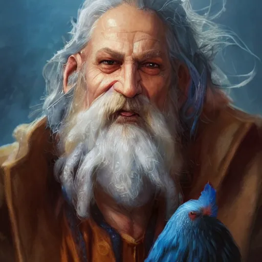 Prompt: a portrait of a wizard with his pet chicken by Johan Grenier and Tony Sart, confused facial expression, blue robe, long white beard, frizzy hair, ArtStation, realistic, detailed