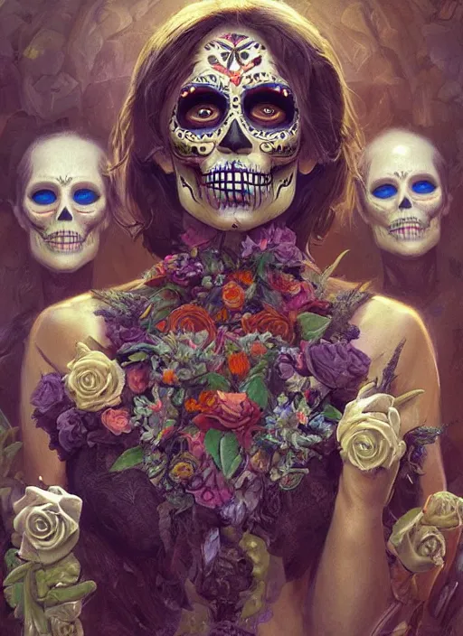 Image similar to digital _ painting _ of _ dia de los muertos _ by _ filipe _ pagliuso _ and _ justin _ gerard _ symmetric _ fantasy _ highly _ detailed _ realistic _ intricate _ port