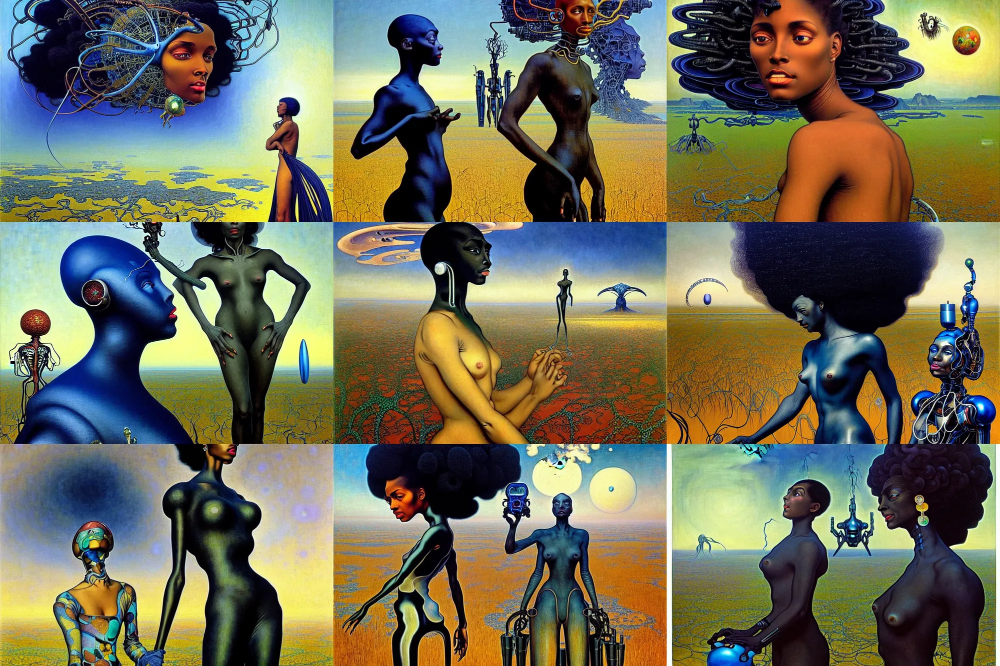 Prompt: realistic extremely detailed portrait painting of a beautiful black woman with a robot, futuristic landscape with a single old house on background by Jean Delville, Amano, Yves Tanguy, Mark Brooks, Alphonse Mucha, Ernst Haeckel, Edward Robert Hughes, Roger Dean, rich moody colours, blue eyes