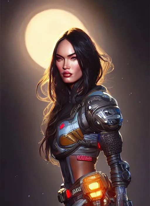 Image similar to portrait of apex legends megan fox, intricate, elegant, glowing lights, highly detailed, digital painting, artstation, glamor pose, concept art, smooth, sharp focus, illustration, art by artgerm and greg rutkowski, artey freytag