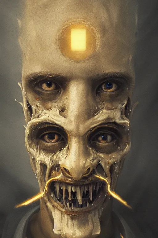 Image similar to Haunting horrifying detailed painting of a man made of cloudy smoke, golden teeth and glowing lens flare eyes, hyper detailed, trending on Artstation