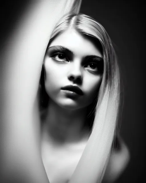 Prompt: black and white dreamy young beautiful female creature vegetal - cyborg high quality portrait photo, microchip skin, artificial intelligence, cinematic, rim light, photo - realistic, elegant, high detail, 8 k, masterpiece, high fashion, photo taken in 1 9 3 0