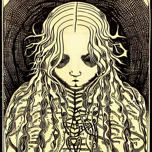 Image similar to a girl with a spider, colored woodcut, poster art, by Mackintosh, art noveau, by Ernst Haeckel