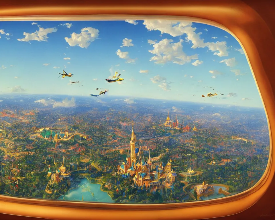 Image similar to an achingly beautiful print of Disneyland and surrounding area as seen through the window of a private jet by Raphael, Hopper, and Rene Magritte. detailed, romantic, enchanting, trending on artstation.