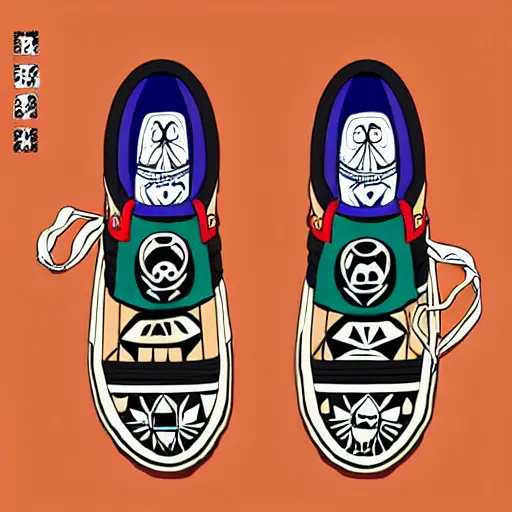 Image similar to sneaker design designed by studio ghibli, aztec mayan street fashion native punk sneaker design, majora's mask, wearing wooden mask, hip hop sneaker design with subtle mayan patterns, gapmoe yandere grimdark, trending on pixiv fanbox, painted by greg rutkowski makoto shinkai takashi takeuchi studio ghibli, akihiko yoshida