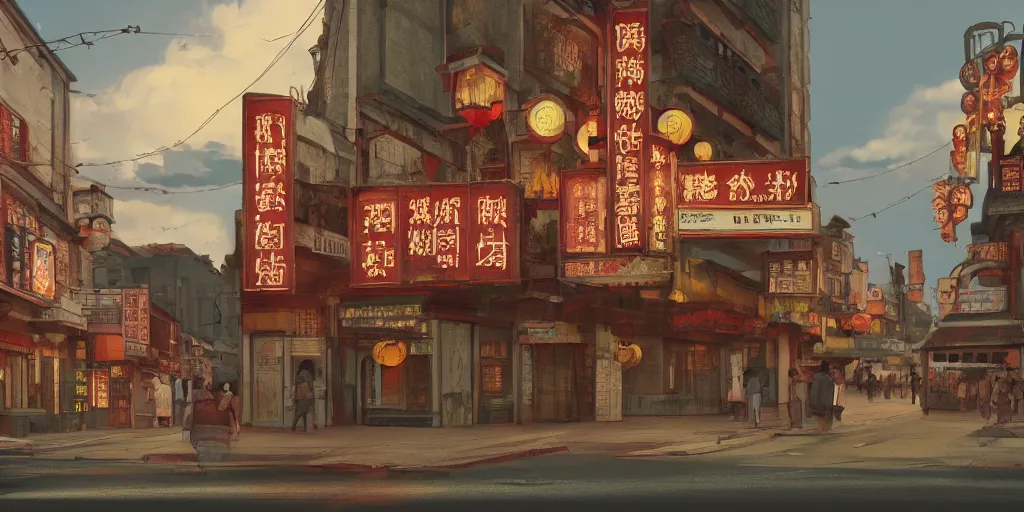 Prompt: old cinema in chinatown, evening, matte painting, studio ghibli, artstation