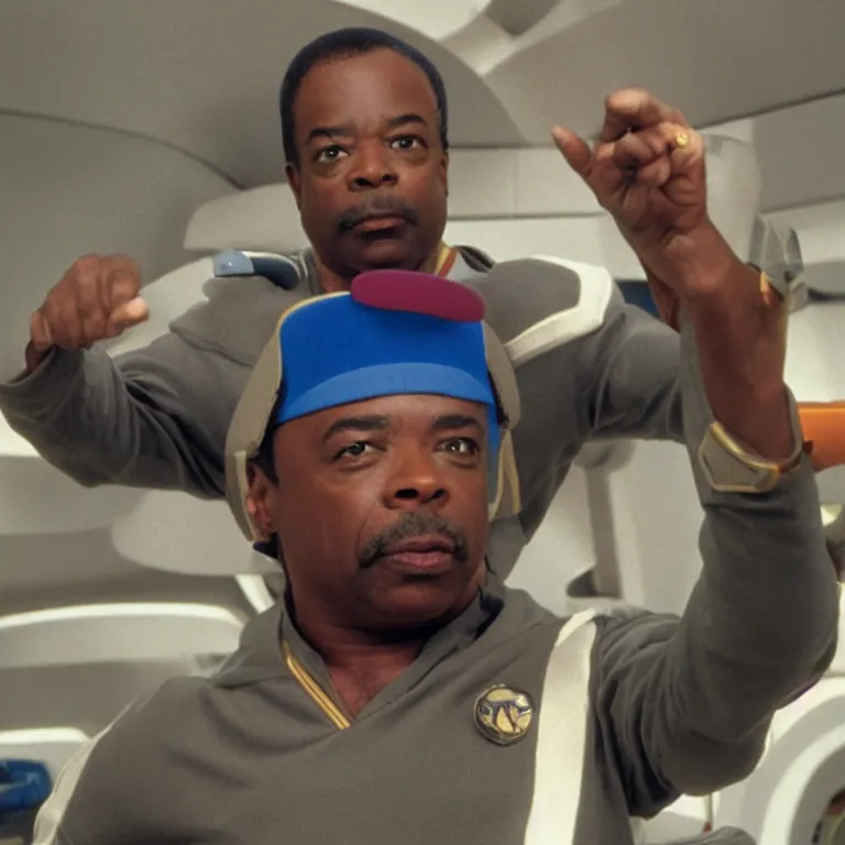 Prompt: levar burton wearing retro visor and frisbees and plastic mixing bowls on his head on the starship enterprise