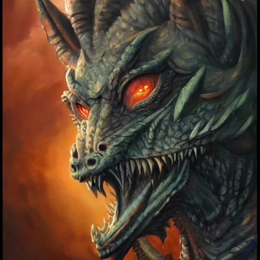 Image similar to oil painting of dragon, dnd character, fantasy, realistic textured skin, portrait, wolf head, glowing eyes, sharp focus, artgem, boris valejo, frank frazetta, heavy metal style, trending on artstation, digital painting, julie bell, beautiful, very detailed,