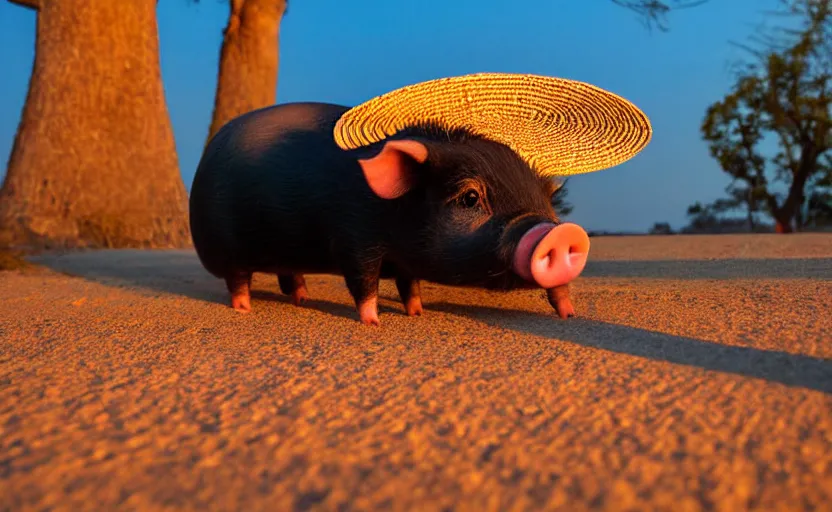 Image similar to a cute pig wearing a straw hat at blue hour, twilight, cool, award winning 4 k photo, twilight cool light, low angle!!!!, low angle, e, from below, worms - eye - view