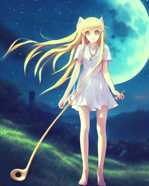 Image similar to teen, cute, melancholy, full body, cat girl, white skin, golden long wavy hair, holding a violin and playing a song, stunning art style, filters applied, lunar time, night sky, trending art, sharp focus, centered, landscape shot, fate zero, simple background, studio ghibly makoto shinkai yuji yamaguchi, by wlop