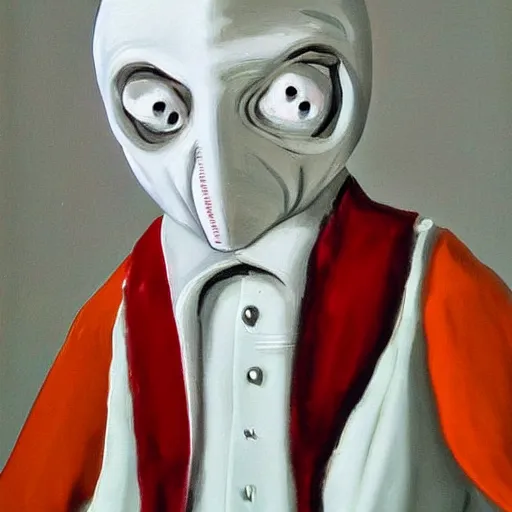 Image similar to pulcinella looks like mr burns, white clothing, mask, painted by antoinette kelly