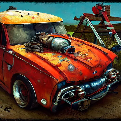 Prompt: A car with a giant fan attached to its hood, diesel punk , , cinematic composition, detailed, Matt painting, oil painting, high res, norman rockwell artwork style,