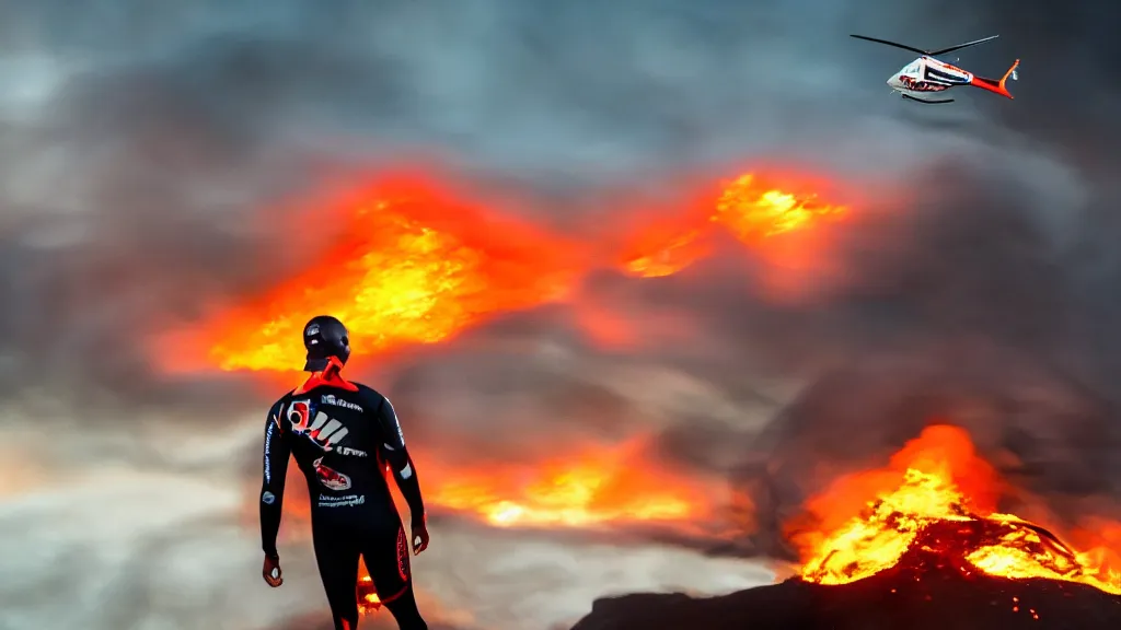 Image similar to person wearing a sponsored team jersey with logos jumping out of a helicopter with a surfboard into a volcano, action shot, dystopian, thick black smoke and fire, sharp focus