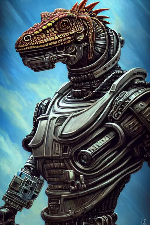 Prompt: a portrait of a muscular anthropomorphic cyberpunk basilisk lizard with big head in spacesuit armor with ensignia on chest plate by sandra chevrier, by jon foster, detailed render, pistol in holster, tape deck, epic composition, cybernetics, 4 k realistic, cryengine, realistic shaded lighting, sharp focus, masterpiece, by enki bilal