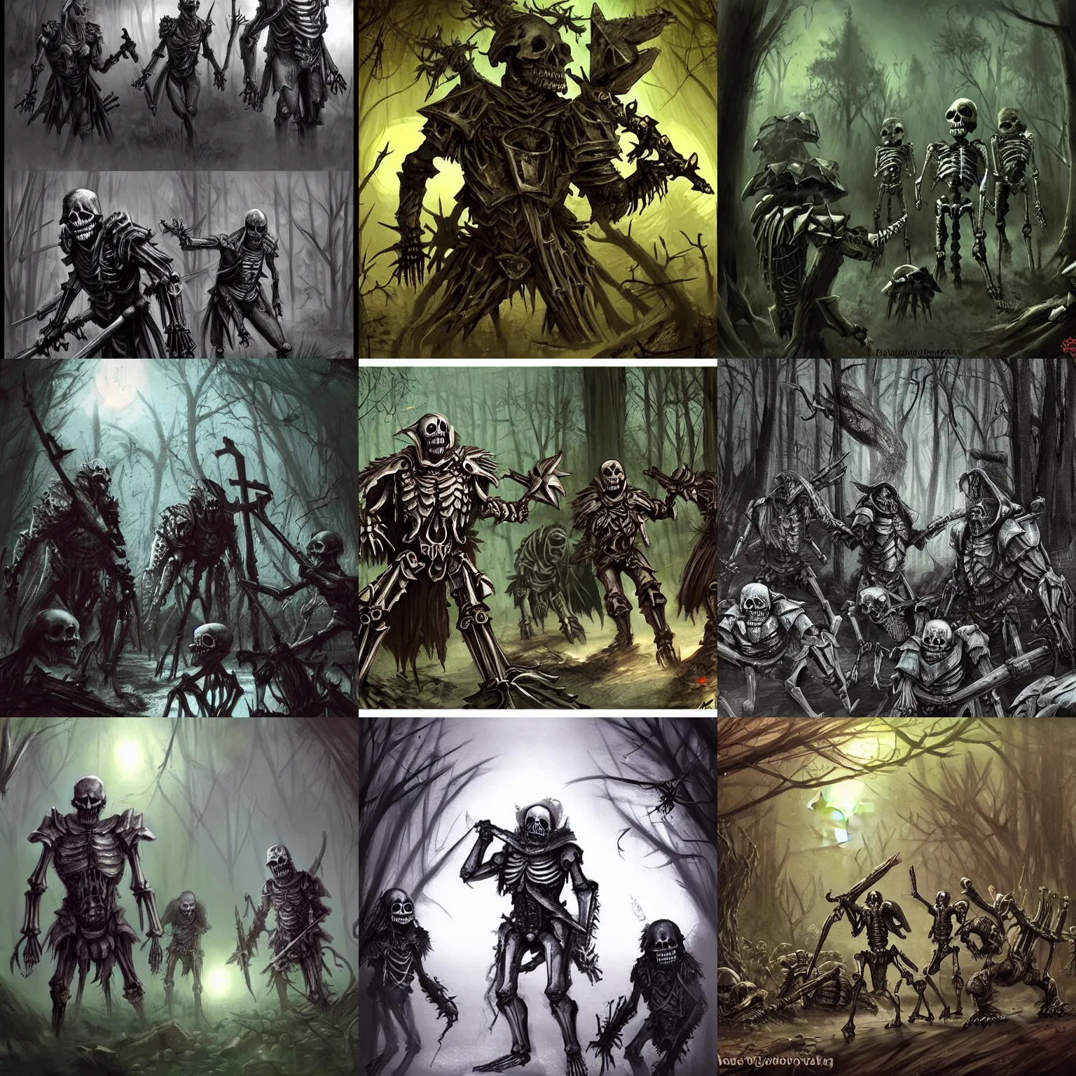 Prompt: heavily armored and menacing skeletons and zombies in a forest at night, d & d, concept art, fantasy art