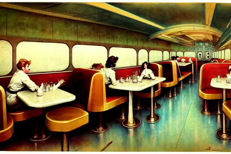 Prompt: ( ( ( ( ( 1 9 5 0 s retro science fiction diner interior. muted colors. ) ) ) ) ) by jean - baptiste monge!!!!!!!!!!!!!!!!!!!!!!!!!!!!!!