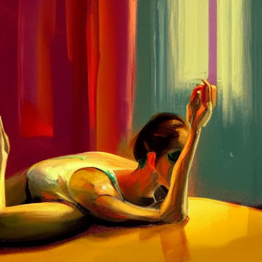 Image similar to a closeup view of painting of a woman laying on top of a table in a dark ambient, a light breeze is pushing away the curtains of a small window, a gouache by nathan oliveira and elaine de kooning, cgsociety, figurativism, dark surreal art, painterly, paint strokes, smudged paint, palette knife texture, digital illustration, artstation