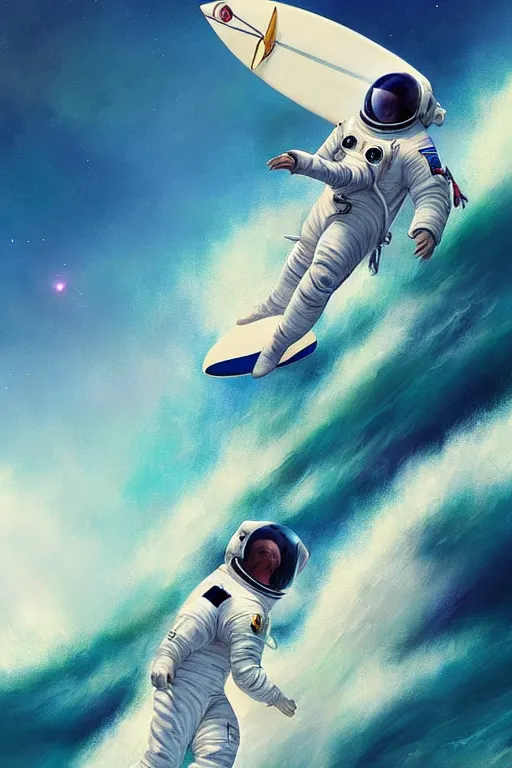 Image similar to a beautiful digital painting of an astronaut in a white space suit surfing the great wave on a surfboard by greg rutkowski, photorealistic, trending on artstation, octane render