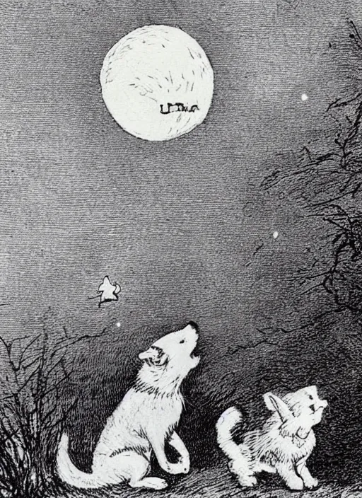 Prompt: small dog silhouette howling at the moon, illustrated by peggy fortnum and beatrix potter and sir john tenniel