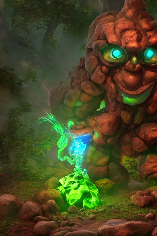 Image similar to arcane fantasy art giant golem elemental wood rock bastion forged gemstone enchanted forest troll, global illumination ray tracing hdr fanart arstation by sung choi and eric pfeiffer and gabriel garza and casper konefal lisa frank zbrush central hardmesh radiating a glowing aura