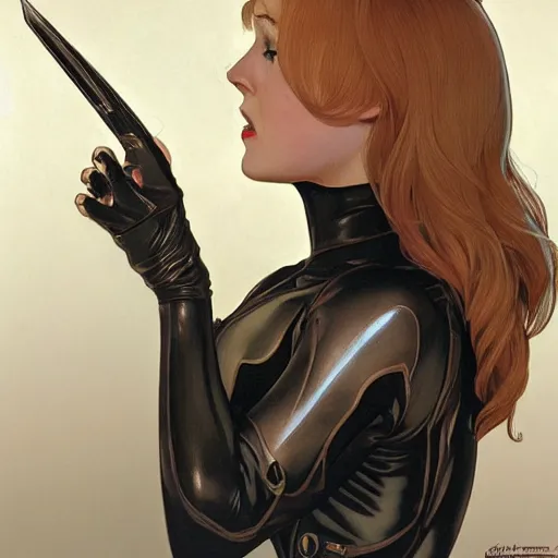 Image similar to Erin Moriarty as Cat Woman, highly detailed, digital painting, artstation, concept art, smooth, sharp focus, illustration, ArtStation, art by artgerm and greg rutkowski and alphonse mucha and J. C. Leyendecker and Edmund Blair Leighton and Katsuhiro Otomo and Geof Darrow and Phil hale and Ashley wood and Ilya repin and Charlie Bowater