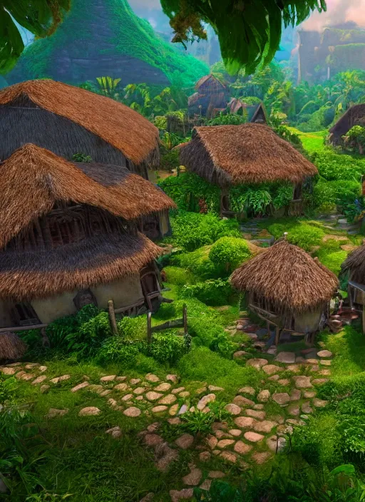 Image similar to subsurface scattering, medieval village in the middle of lush forest, from the live action film moana 4 k quality super realistic, cinematic lighting, 8 k