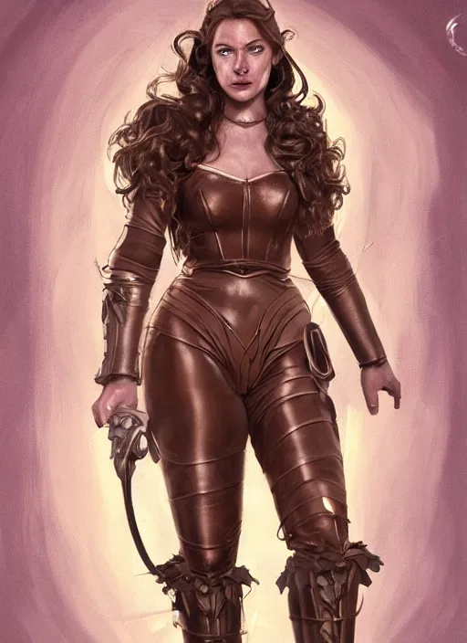 Image similar to beautiful female dorothy gale, rebecca romijn as dorothy, full body character concept, covered in full leather armor, art nouveau, super powers, fantasy, intricate, elegant, highly detailed, digital painting, artstation, concept art, shining, sharp focus, illustration, art by stanley lau