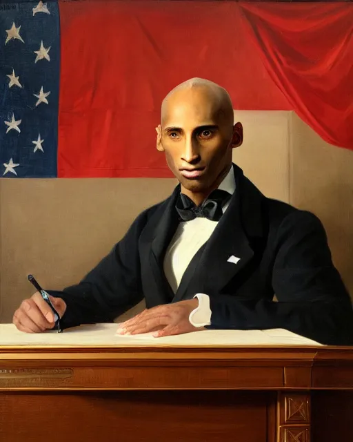 Image similar to facial portrait of the united states president, an ugly 7 8 year old kobe bryant, resolute desk, 1 8 4 8, oil on canvas by william sidney mount, trending on artstation, national archives