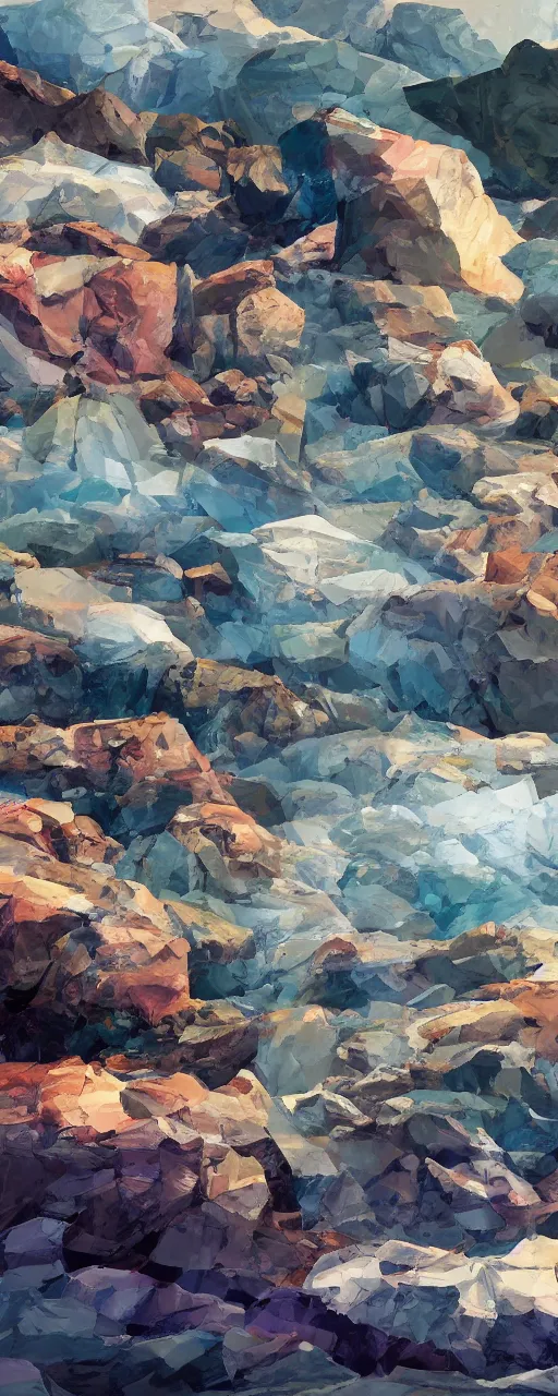 Image similar to super detailed color cutout lowpoly art, northern sunset with rocks on front, monochrome photorealistic bay in the middle of perspective and mountains at background, big graphic vessel in the middle of composition, unreal engine, high contrast color palette, 3 d render, lowpoly, colorful, digital art, perspective, full volume composition, robb cobb, robert mccall, syd mead