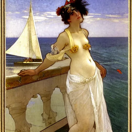 Image similar to A girl with jester hat and clothes on a greek archi circle on the front of a Balustrade with a beach and a sail boat on the background, major arcana cards, by alphonse mucha and arnold böcklin arnold böcklin arnold böcklin, paul delaroche, hyperrealistic 8k, very detailed