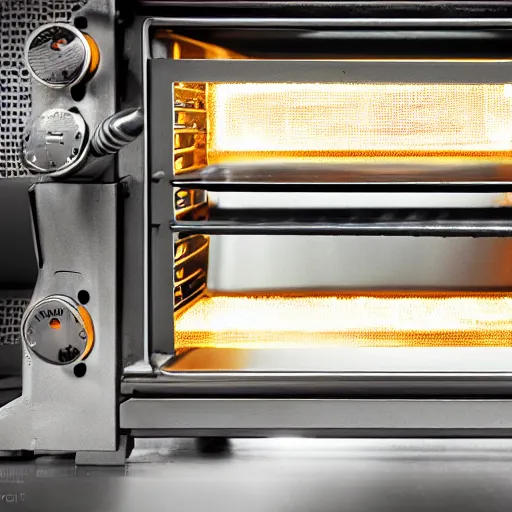 Image similar to toaster oven suspended by lots of metallic cables, symmetry, dark messy smoke - filled cluttered workshop, dark, dramatic lighting, orange tint, sparks, cinematic, highly detailed, sci - fi, futuristic, movie still