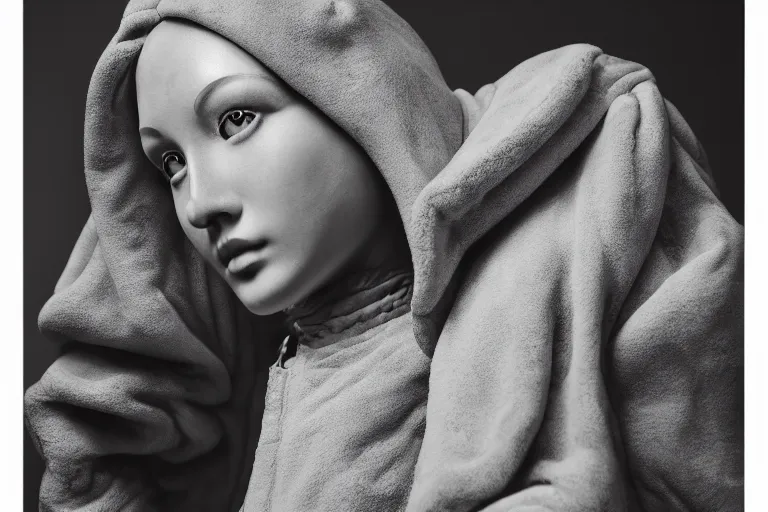 Image similar to well lit fashion shoot portrait of extremely beautiful female marble statue wearing huge over size puffer jacket by dingyun zhang, yeezy, balenciaga, vetements, a cold wall, sharp focus, clear, detailed,, cinematic, detailed, off white, glamourous, symmetrical, vogue, editorial, fashion, magazine shoot, glossy