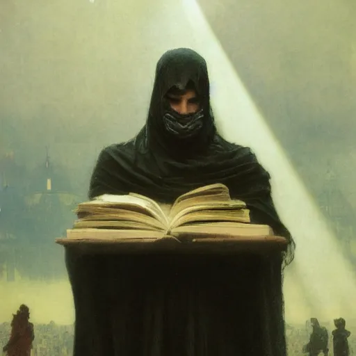 Image similar to half portait of magican wearing a closed cowl holding a big old book! with chains on his wrist, jeremy mann, jean leon gerome, alphonse mucha, greg rutkowski, hood covers his eyes, ( ( ruins of ancient rome ) ), at dusk, mysterious atmosphere, sunrays, dof, masterpiece, high detailed, 8 k