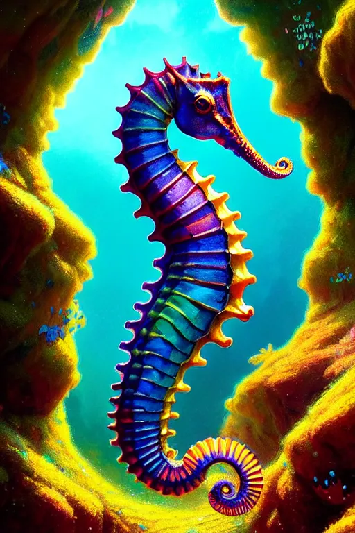 Image similar to highly detailed portrait of rainbow - colored seahorse, stephen bliss, unreal engine, fantasy art by greg rutkowski, rhads, ferdinand knab, makoto shinkai and lois van baarle, ilya kuvshinov, rossdraws, tom bagshaw, global illumination, radiant light, yellow blue theme, coral reef