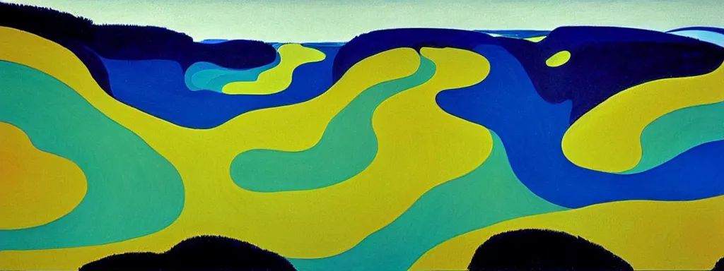 Image similar to Psychedelic sci-fi dreamworld. Landscape painting. Organic. Winding rushing water. Waves. Clouds. Landscape by Alex Katz. Wayne Thiebaud. Matisse.