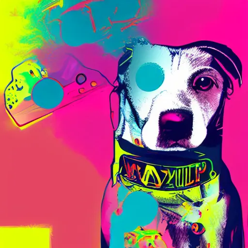 Image similar to illustration of cyberpunk puppy in vr helmet, colorful splatters, by andy warhol and by zac retz and by kezie demessance