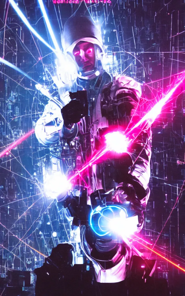 Prompt: Cyber Pope shooting bright lasers out of his hands, 80s, science fiction, cyberpunk, neon, low angle shot, cross, pope, movie poster, futuristic