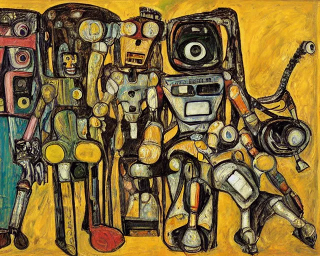 Image similar to a painting of a robot family by graham sutherland, egon schiele, expressionism