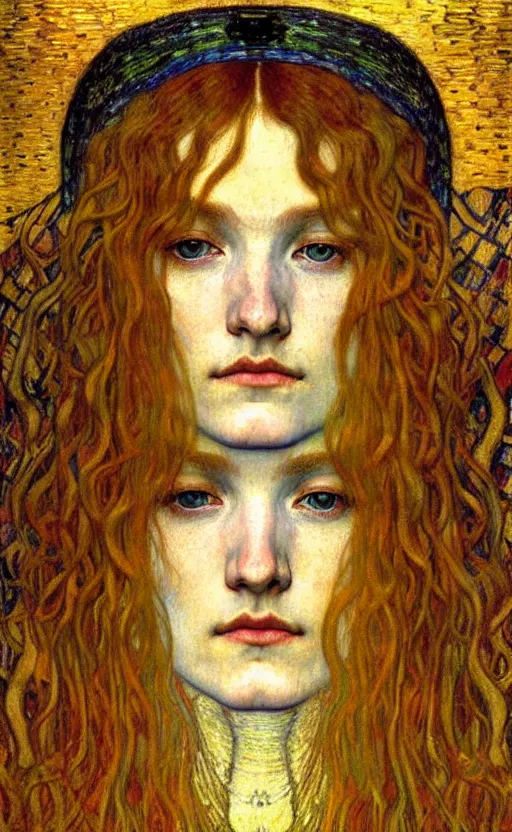 Image similar to detailed realistic beautiful young medieval queen face portrait by jean delville, gustav klimt and vincent van gogh, art nouveau, symbolist, visionary, gothic, pre - raphaelite, muted earthy colors, desaturated