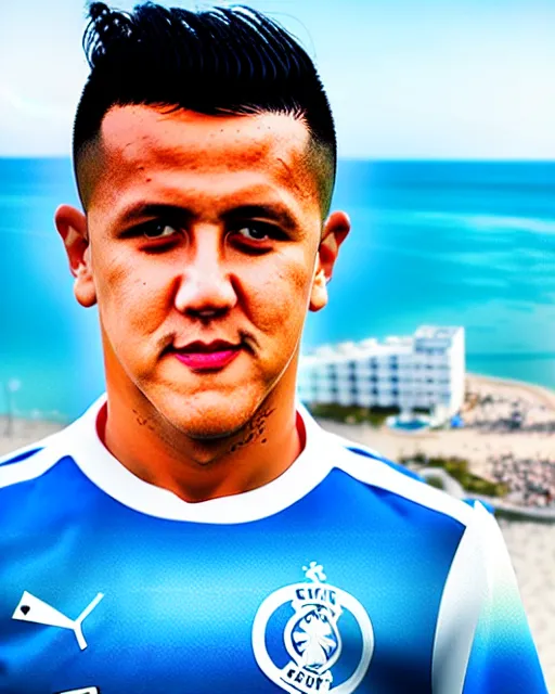 Image similar to portrait Anime Alexis Sanchez; white football shirt, Marseille beach in background || cute-fine-face, pretty face, realistic shaded Perfect face, fine details. Anime. realistic shaded lighting