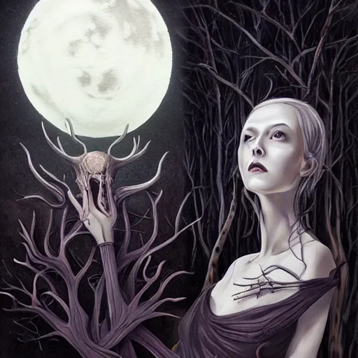 Image similar to an epic horrific wiccan gothic painting of a mother - nature witch cult woman wearing a deer skull, in a moonlit forest by gerald brom by junji ito by vanessa lemen by charlie bowater