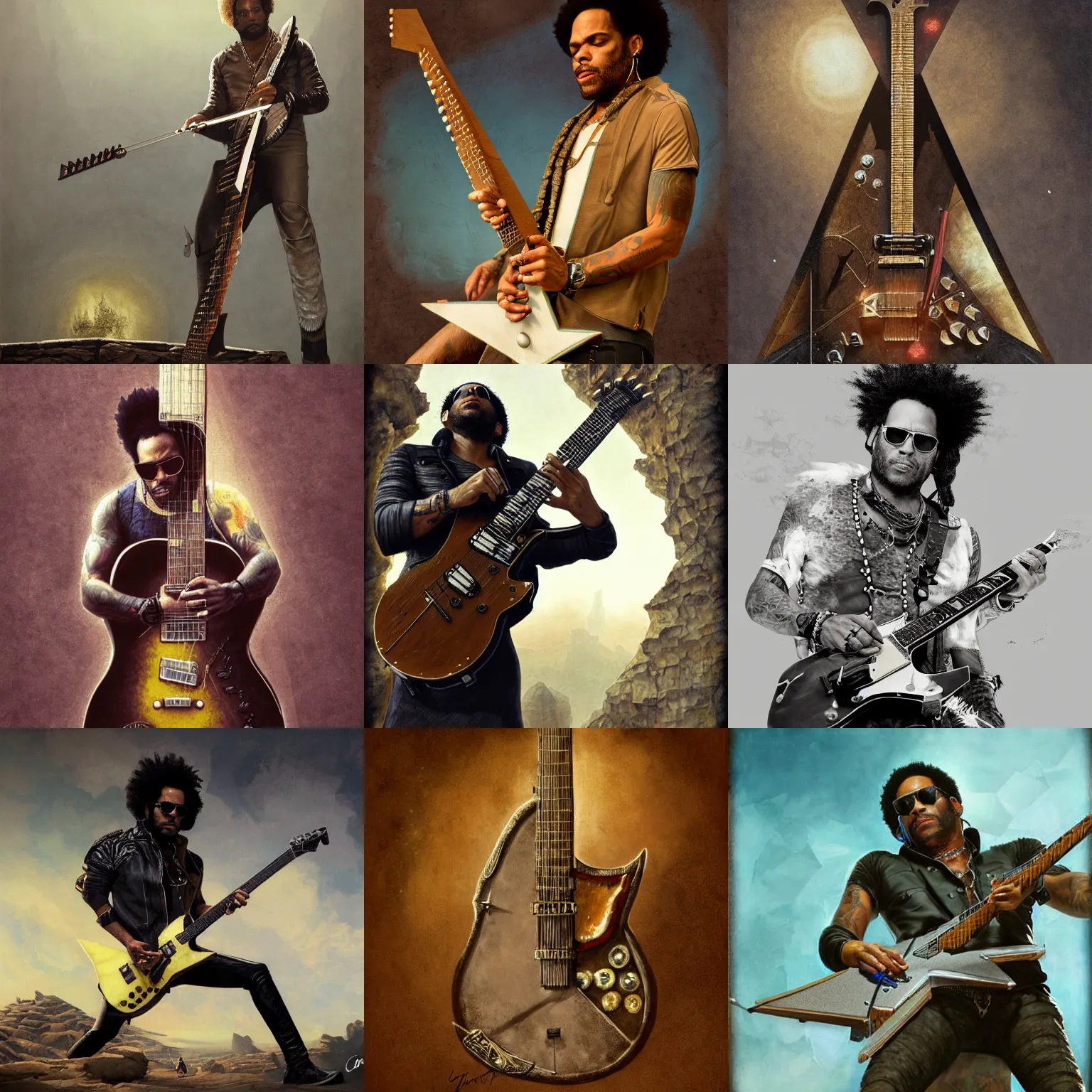 Prompt: Lenny Kravitz playing triangular guitar, by Antonio Caparo and Ferdinand Knab and Greg Rutkowski UHD photorealistic trending on artstation