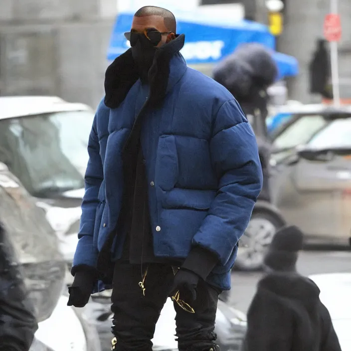 Image similar to kanye west using a full face covering black mask, a blue round puffer jacket made of nylon and big black rubber boots,